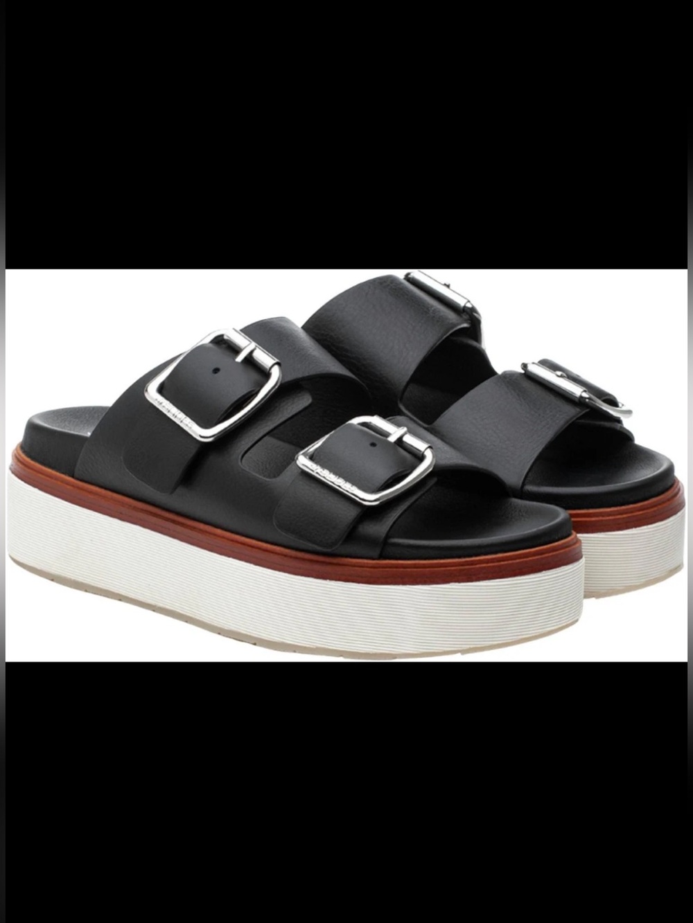 J/Slides NYC Bowie Black Leather Double Buckle Platform Slide Sandals Size 8.5